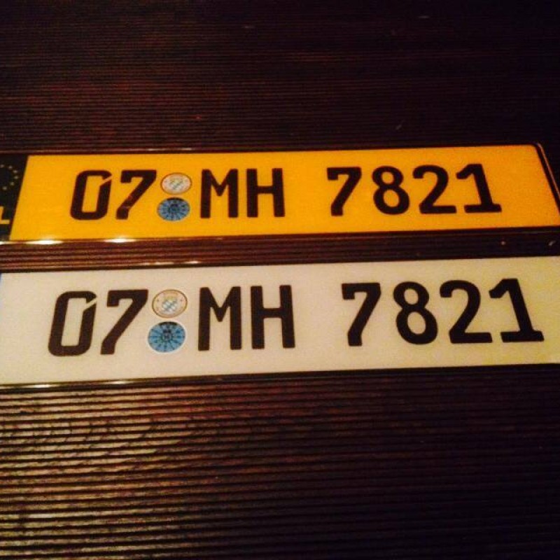 German Style plastic with badges, no county , no dash,  1 white 1 yellow 60mm text